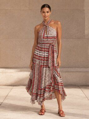 Bohemian Scarf Print Halter Midi Dress Asymmetrical Hem Tie Waist Small